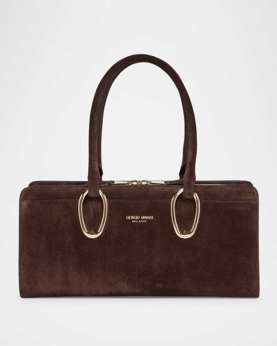 Ring-Embellished Suede Top-Handle Bag